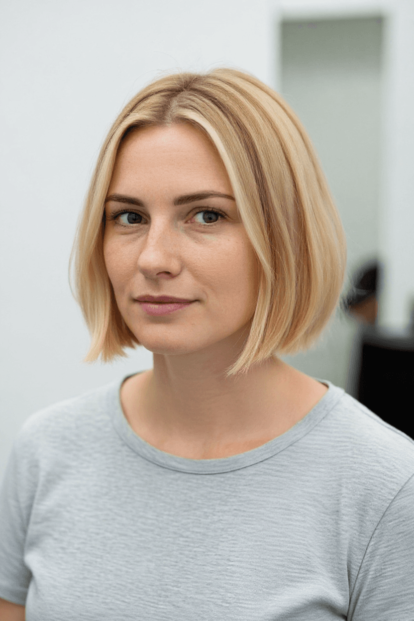 Hairstyle changed picture of a Woman who now has blond hair in bob